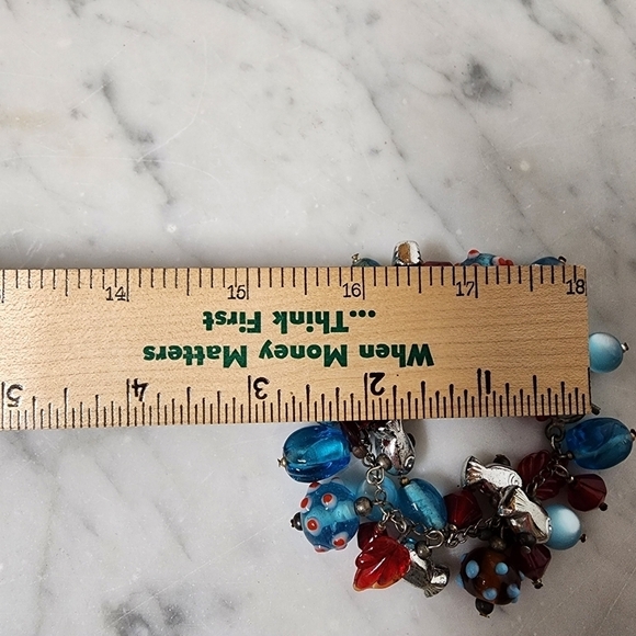 Art Glass Charm Bracelet Blue Red Silver Tone Toggle Beachy Fish Mixed Media - Picture 9 of 11